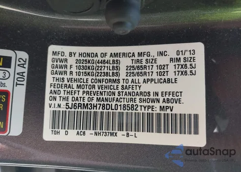 2013 Honda Cr-V Ex-L from USA, damaged, VIN 5J6RM3H78DL018582